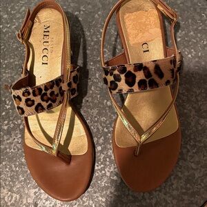 Meucci Leopard Print Sandals with Gold Accents